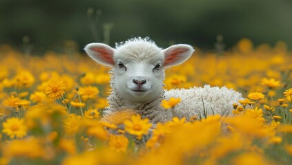 Obraz premium Sheep in Flower Field Generative AI