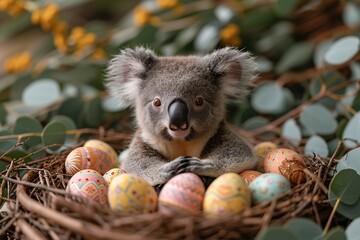 Easter Bunny - A cute koala bear sitting in a nest surrounded by colorful eggs, celebrating the Easter holiday. Generative AI