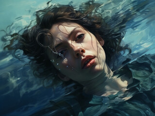 a girl swims in the water, the reflection of the waves, a young girl, created with Generative AI technology