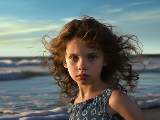 the girl walks along the sandy beach, ordinary view, sunny weather, created with Generative AI technology