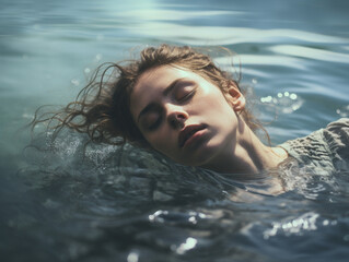 a girl swims in the water, the reflection of the waves, a young girl, created with Generative AI technology