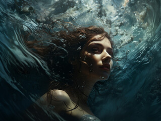 a girl swims in the water, the reflection of the waves, a young girl, created with Generative AI technology
