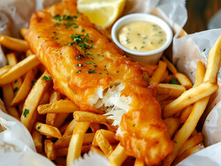 Fish and chips served with mayonnaise, lemon and tartar sauce