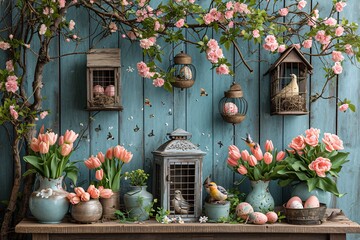 Fototapeta na wymiar Blooming Springtime: A Colorful Display of Flowers and Birdhouses Generative AI