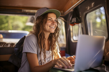 Joyful Woman Enjoying Digital Freedom in Camper Van