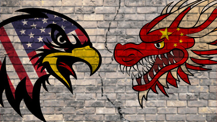 USA versus China, the American eagle and the Chinese dragon, with the flags of both countries in the background