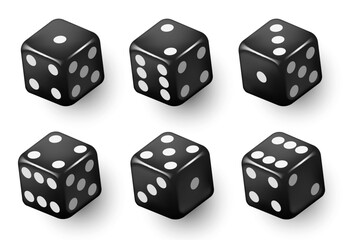 Black dice with black dots. Vector set isolated on white background. 3d dice. - obrazy, fototapety, plakaty