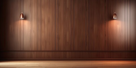 Empty room with wooden wall panels and premium cabinet style. - obrazy, fototapety, plakaty