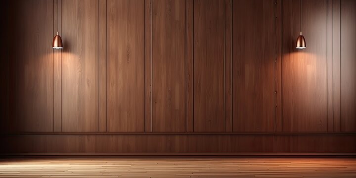 Empty room with wooden wall panels and premium cabinet style.