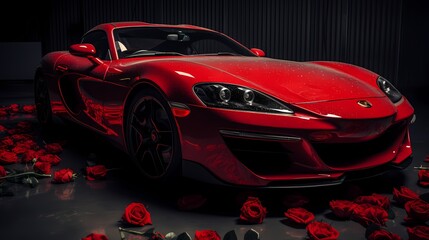 Naklejka premium Sport car with in dark smoke atmosphere, Red car tin the dark