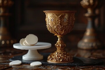 Golden Chalice with White Tablet and White Tablet on Black Table Generative AI