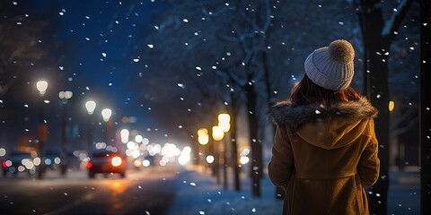 Back view of close up of a woman walking in snowy winter night park. AI generative