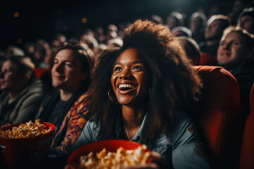 Happy young black woman laughing, eating popcorn and watching a comedy movie in the cinema