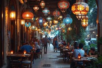 Luminous Nightlife: A Bustling Middle Eastern Street Scene Generative AI
