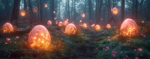 Glowing Eggs in the Forest: A Magical Easter Egg Hunt Generative AI