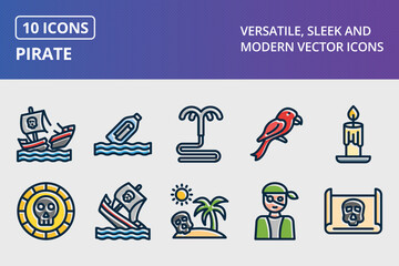 Pirate Thick Line Filled Dark Colors Icons Set