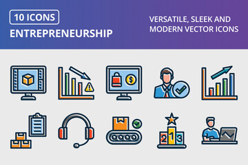 Entrepreneurship Thick Line Filled Dark Colors Icons Set
