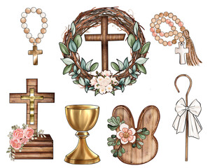 Easter and  Christianity Symbols, Easter wreath, chalice, Rosary, Boho farmhouse decorations