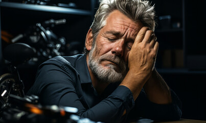 Tired Employee in Office Chair Seeking Relief in Dark Room