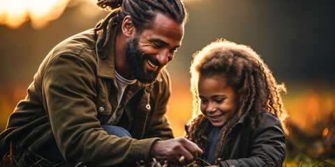A Heartwarming Glimpse of Black Fatherhood: Father Helps Daughter - obrazy, fototapety, plakaty