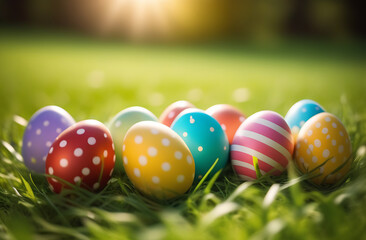 Fototapeta na wymiar Colorful painted eggs lie on the grass, bright rays of the sun. happy Easter