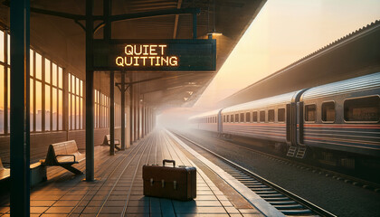 Muted train station platform at dawn. A single briefcase sits abandoned next to a departure board. The board displays a train's departure with the words 'QUIET QUITTING' replacing its destination. - obrazy, fototapety, plakaty