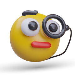 Realistic yellow emoticon with monocle. Careful, meticulous consideration. Researching something strange, questionable. Funny character, icon with emotion