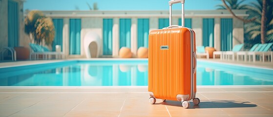 A cluster of luggage suitcases placed beside a resort swimming pool, epitomizing the essence of summer tourism.