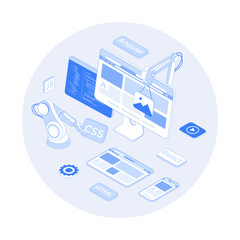 Frontend Development, Creating a site layout, template. Converting data into a graphical UI UX interface. Web development, design. Vector outline illustration with isometry scene for web graphic