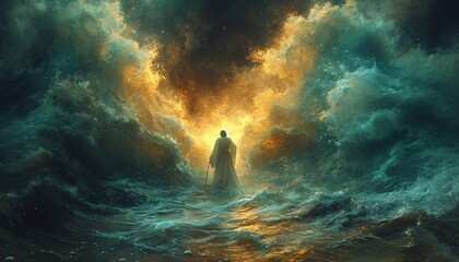 Glowing Jesus in the Ocean Generative AI - obrazy, fototapety, plakaty