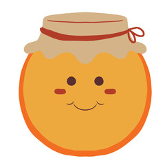 Cute autumn honey jar character. Cartoon food vector illustration.