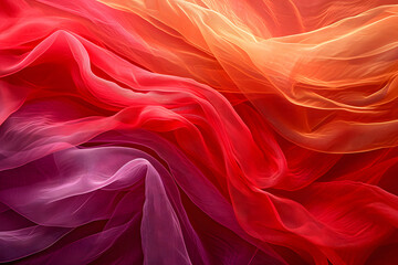 Fototapeta premium Smooth Waves of Red Silk and Satin Fabric, Creating a Luxurious Background with Soft, Shiny Texture and Artistic Patterns in Red and Orange Hues