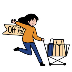 Illustration of a woman carrying a trolley filled with discounted shopping bags. Illustration for promotional, advertising, web, social and fashion ads. Vector Cartoon Illustration.