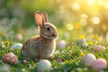 Fototapeta na wymiar Bunny Boom: Easter Eggs and Sunny Skies Generative AI
