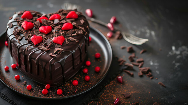 Chocolate cake with red romantic decor. 