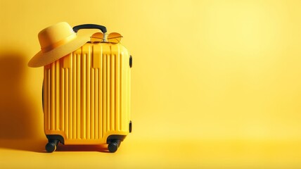 Yellow suitcase with hat and sunglasses on yellow background. Travel concept