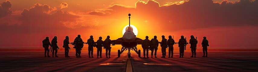 A military aircraft stationed at the airport during a picturesque sunset, symbolizing strength and readiness.