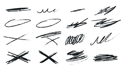 Grunge scrawls, charcoal scribbles, rough brush strokes, underlines strikethroughs. Bold charcoal freehand stripes and ink shapes. Crayon or marker scribbles. Vector illustration