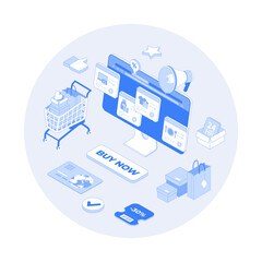 Online shopping, internet retail. Buying payment online. Application service website banking. Online store cart. Vector outline illustration with isometry scene for web graphic