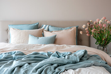 Linen and cottons  linens on the bed in natural colors