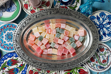 Colorful Turkish Delights (Türk Lokumu) Ottoman Cuisine Dessert Background Photo, Uskudar Istanbul, Turkiye (Turkey)