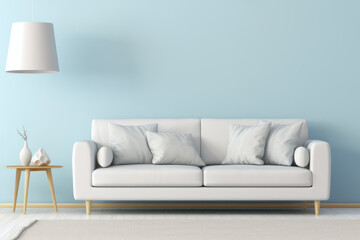 Modern living room with white sofa and blue wall.