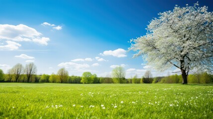 Fototapeta premium Vibrant green landscape under a bright blue sky with fluffy white clouds. Nature background.