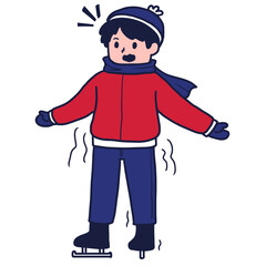 illustration of a boy wearing ice skates and winter clothes, he tried to stand balanced on the slippery ice. winter activity, cartoon flat vector illustration