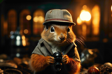 A brown squirrel in a detective hat, holding a magnifying glass on a brown background.