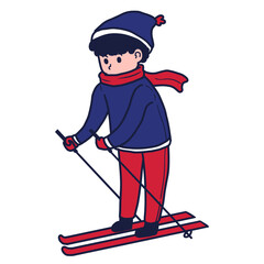 illustration of a boy was snow skiing happily. winter activity, cartoon flat vector illustration