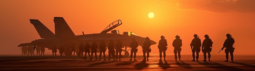 A military aircraft stationed at the airport during a picturesque sunset, symbolizing strength and readiness.