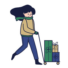 illustration of a woman was pushing a cart filled with many christmas gifts . winter activity, cartoon flat vector illustration