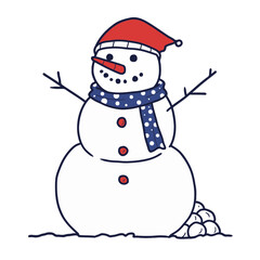 illustration of the snowman is wearing a red santa hat and a blue scarf. winter activity, cartoon flat vector illustration