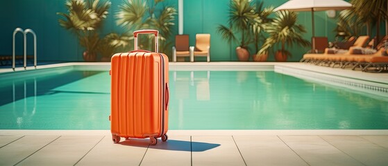 A cluster of luggage suitcases placed beside a resort swimming pool, epitomizing the essence of summer tourism. - obrazy, fototapety, plakaty